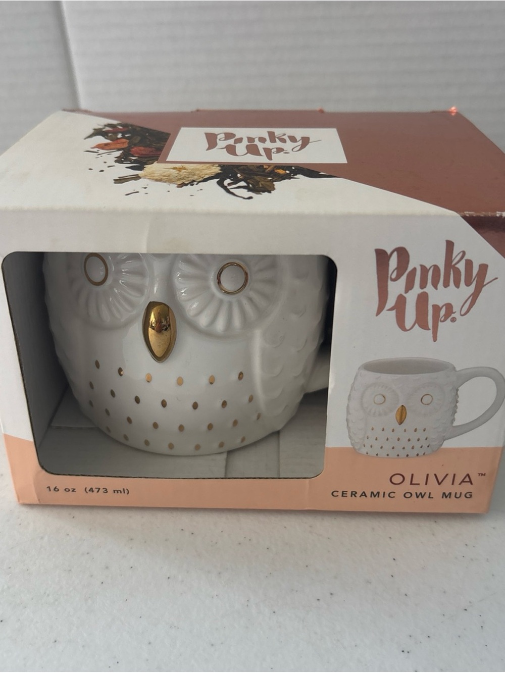 Pinky White Ceramic Owl Mug with Gold Accents